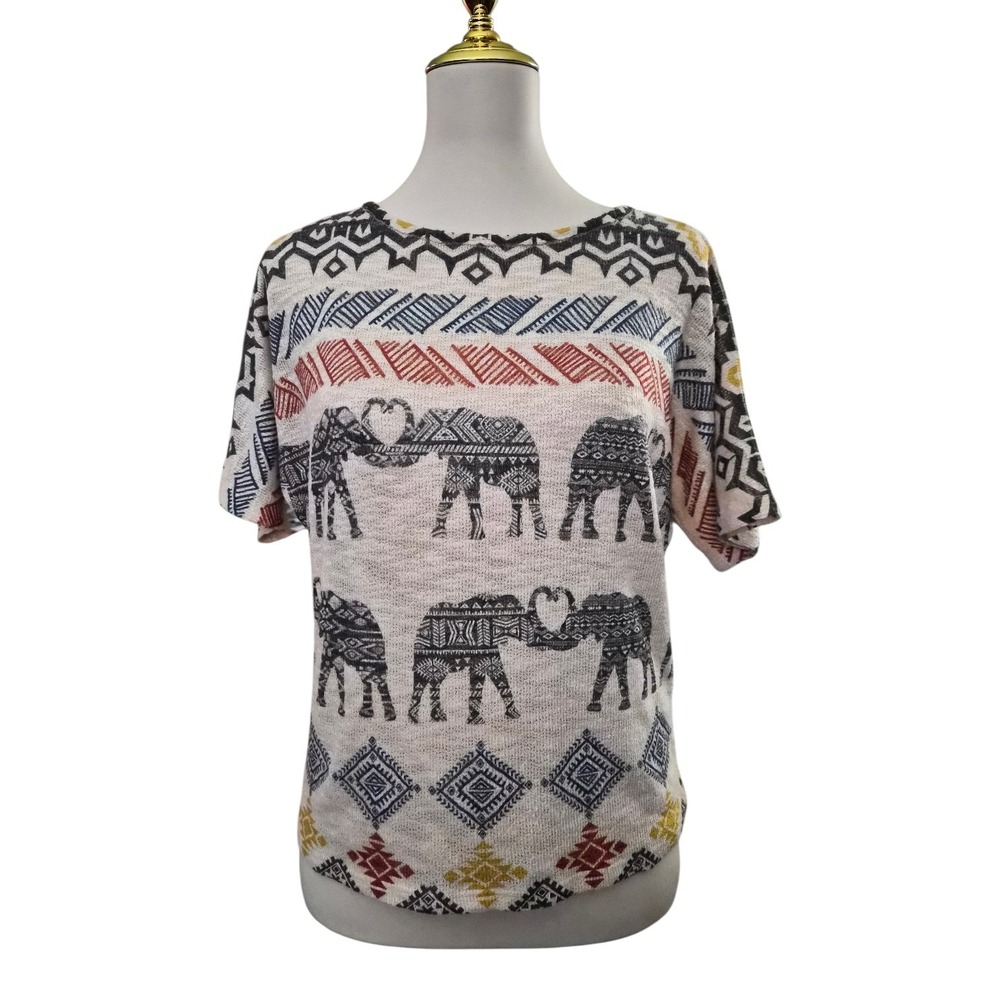 Ginger G Elephant Print Knit Top Boho Tribal‎ Short Sleeve USA Made Size S